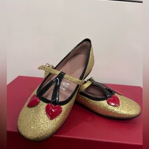 Gucci Children Gold Shimmer Fabric Ballet Flats w/Cherry Hearts 433120 8090